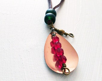 Upcycled bi-color spinner blade pendant - copper and silver with beads(B25)(N)