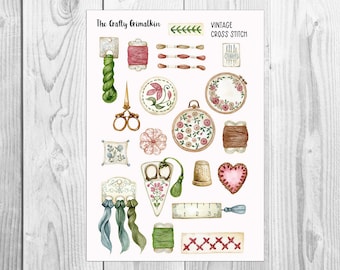 Vintage Cross Stitch Sticker Sheet for planners and/ or Scrapbooks - Large Size