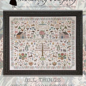 May include: Framed cross-stitch sampler with a black frame. The sampler features a detailed design with houses, animals, flowers, and the text "Heartstring Samplery" and "All Things Wise + Wonderful". The design includes the text "BWT 2026".