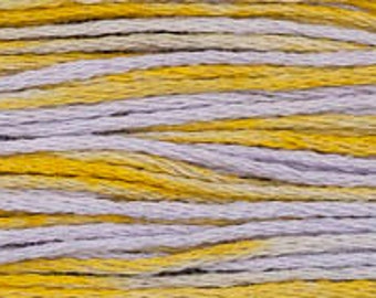 May include: A close-up view of multi-ply embroidery thread featuring a variegated color pattern. The strands are twisted together, alternating between vibrant yellow and soft lavender purple hues, creating a textured, linear appearance.