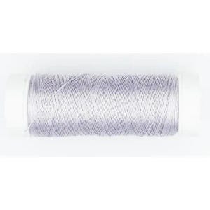 May include: A spool of light gray thread wound on a white plastic bobbin.