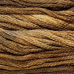 May include: A close-up view of multiple strands of embroidery floss twisted together. The thread features a variegated color palette consisting of deep bronze, dark brown, and lighter golden tan tones with a distinct sheen and smooth texture.