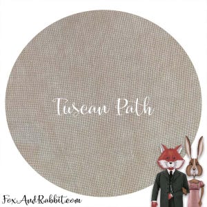 May include: A beige fabric with the text "Tuscan Path" in a circular design. The fabric has a woven texture. A cartoon fox in a suit and a rabbit in a dress are in the lower right corner. The website FoxAndRabbit.com is in the lower left corner.