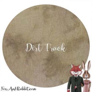 May include: A circular, tan-colored fabric with the words "Dirt Track" in white script. The image features cartoon fox and rabbit characters in formal attire, with the website address "FoxAndRabbit.com" at the bottom.