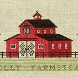 May include: Red barn with white trim and a black roof, surrounded by two green potted plants with birds on top. The text "POLLY FARMSTEAD" is written below the barn.
