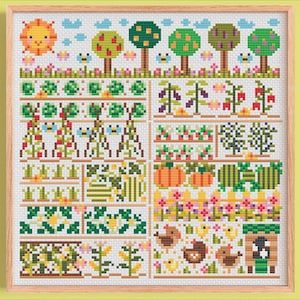 May include: A cross-stitch design depicting a vibrant garden scene. The artwork features a sunny sky, trees with fruit, and various garden beds filled with vegetables, flowers, and pumpkins. Chickens and a coop are also included.