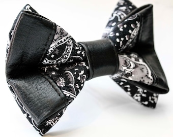Black Leather & Paisley Bow Tie
