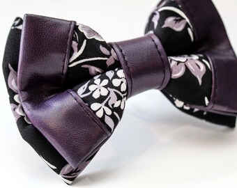 Purple Leather & Floral Bow Tie