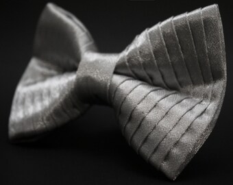 Silver Satin Pleated Bow Tie