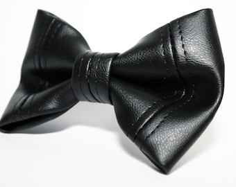 Faux Black Leather Bow Tie