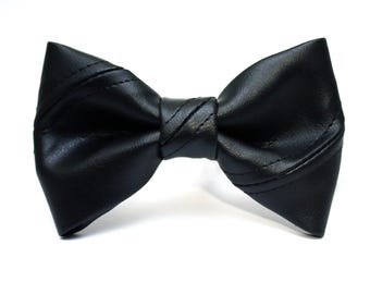 Faux Black Leather Bow Tie