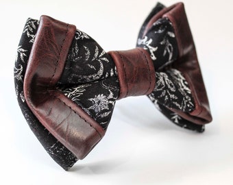 Brown Leather & Paisley Bow Tie