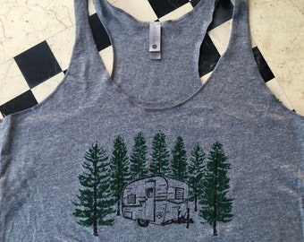 Vintage Camper • Women's Triblend Racerbank Tank top • Tiny Home • Cabin in the Woods • Pine Trees • Forest