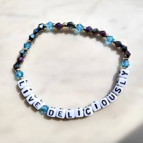 Stackable LIVE DELICIOUSLY Crystal Beaded Word Bracelet