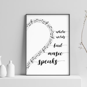 Where words fail music speaks // Music quote printable Music sayings digital download Music decor for wall Music room decorations