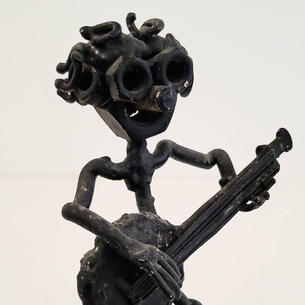 Vintage Welded Nuts and Bolt Sculpture Long Hair Guitar Playing Iron Man Metal Art Figurine