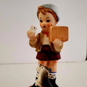 Vintage Hand Painted Unmarked Porcelain Figurine Feat: Girl Holding Little Bird in Hand with Her Puppy Dog Sitting by Her Side