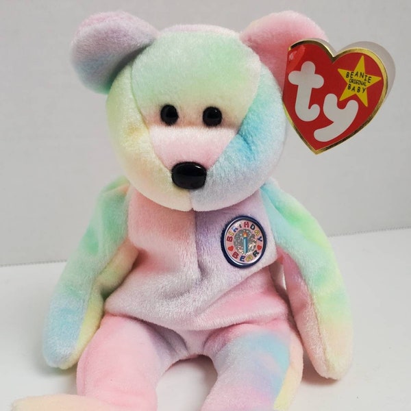 Rare Original B.B. Ty Beanie Baby "Birthday Bear" TY-Dye Rainbow Bear with Tags/Errors 1999 Ty Beanie Babies Collection