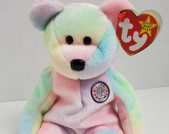 Rare Original B.B. Ty Beanie Baby "Birthday Bear" TY-Dye Rainbow Bear with Tags/Errors 1999 Ty Beanie Babies Collection