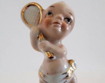 Mid Century Japan Hand Painted Ceramic Kewpie Doll Baby Cutie Collectible Figurine feat Diapered Baby with Tennis Racket with Gold Accents