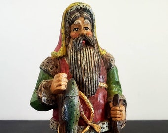 Vintage Fisherman Santa Figurine: 7" Father Christmas with Fish