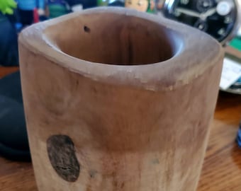 Primitive Carved Wood Brush Pot / Succulent Planter Pot