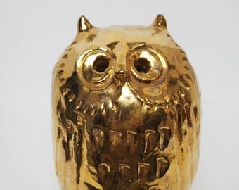 Mid Century Modern Golden Gilt Pottery Owl