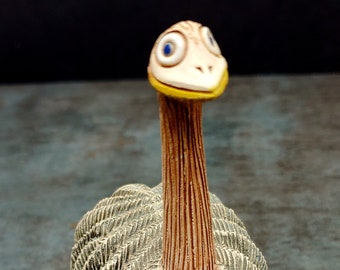 Vintage Artesania Rinconada Handsculpted Uruguay Clay Folkart Ostrich Bird Signed Figurine Emu