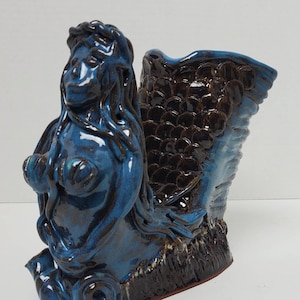 Vintage Blue Glazed Hand Sculpted Pottery Siren of the Sea Mermaid Vase Sirena Vessel