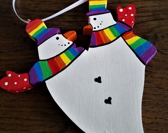 Love is Love: Gay Pride Snow People  Handmade, Hand Painted Wood Ornament LGBTQIA Pride Christmas Snowman Wood Cut Ornament Snow Couple