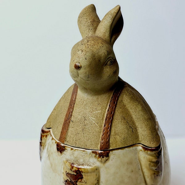 Vintage Rustic Farmhouse Kitchen Country Bunny Rabbit Wearing Suspenders Vitrified Pottery Cookie Jar Gift for Bunny Rabbit Lovers Decoratio