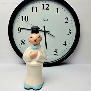 May include: A white ceramic figurine of a person wearing a black hat and a blue bow tie. The figurine is standing in front of a black clock with white numbers and the word "Equity" printed on the face.