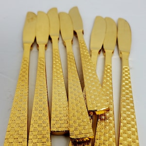 Vintage Stanley Roberts Gold Electroplate Basket Weave Dinner Knives - 8 Piece Set