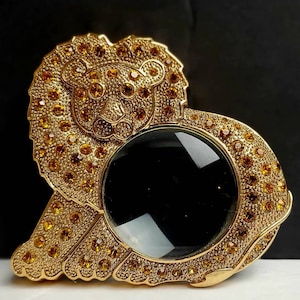 Vintage Art Deco Crystal Jeweled Brass Lion Spyglass Magnifier Paperweight Goldtone Rhinestone Studded Lion Magnifying Glass