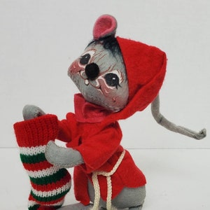 Vintage Mid Century Annalee Mobilitee Christmas Mouse In Red Nightcap and Nightskirt with Stocking