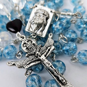 Handcrafted Sorrowful Christ Crushed Aquamarine Catholic Rosary