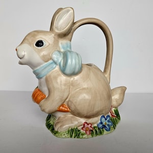 Vintage Brown Bunny Rabbit Pitcher/Teapot Mesa International Easter/Spring Decorative Tableware Easter Bunny and Spring Flowers