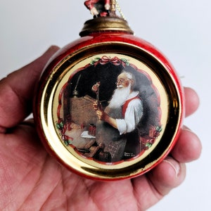 Vintage Norman Rockwell &quot;Is He Coming&quot; 1998 Bradford Exchange 68901 Heirloom Porcelain Ball Christmas Tree Ornament with Santa Claus Topper