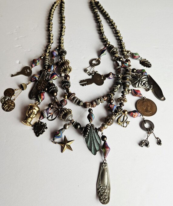 Boho Charm Statement Necklace • Mixed Metal Beads… - image 3