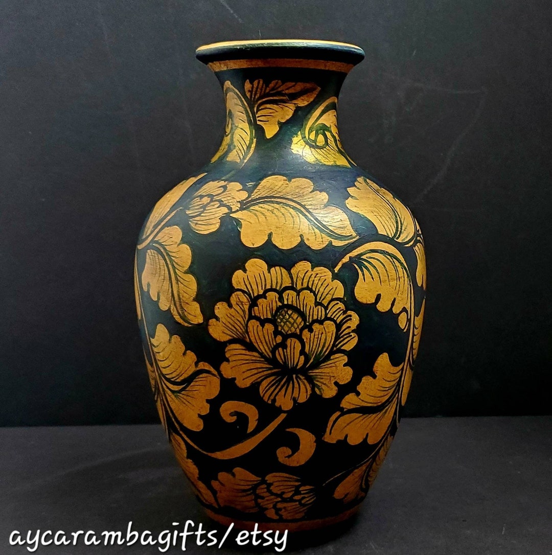 Vintage Black Vase: Gold Floral Tapestry Urn, Home Decor