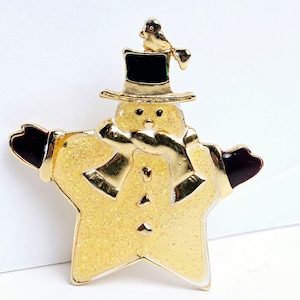 Vintage Snowman Brooch  Star Shaped Sparkly Snowman with Gold Bird on Hat Christmas Scarf Pin Brooch
