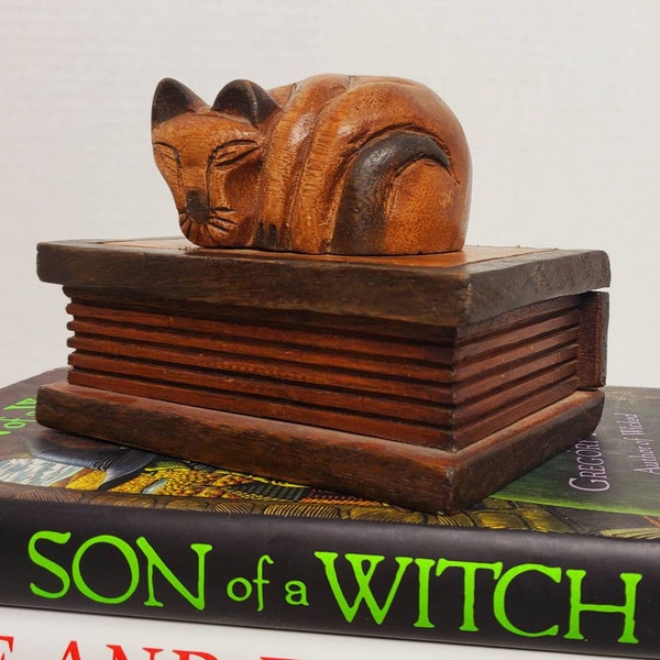 Vintage Bookstore Cat Napping on Book Shaped Hinged Trinket/Stash Box