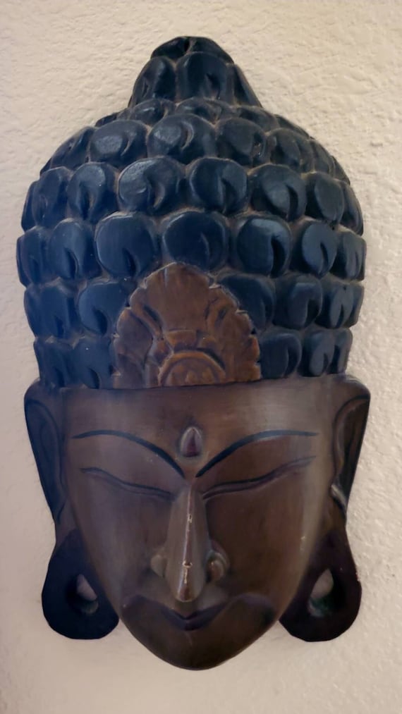 ヴィンテージ手彫り木製仏頭壁掛けマスク - 12インチホーム 