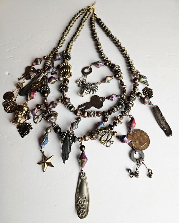 Boho Charm Statement Necklace • Mixed Metal Beads… - image 16