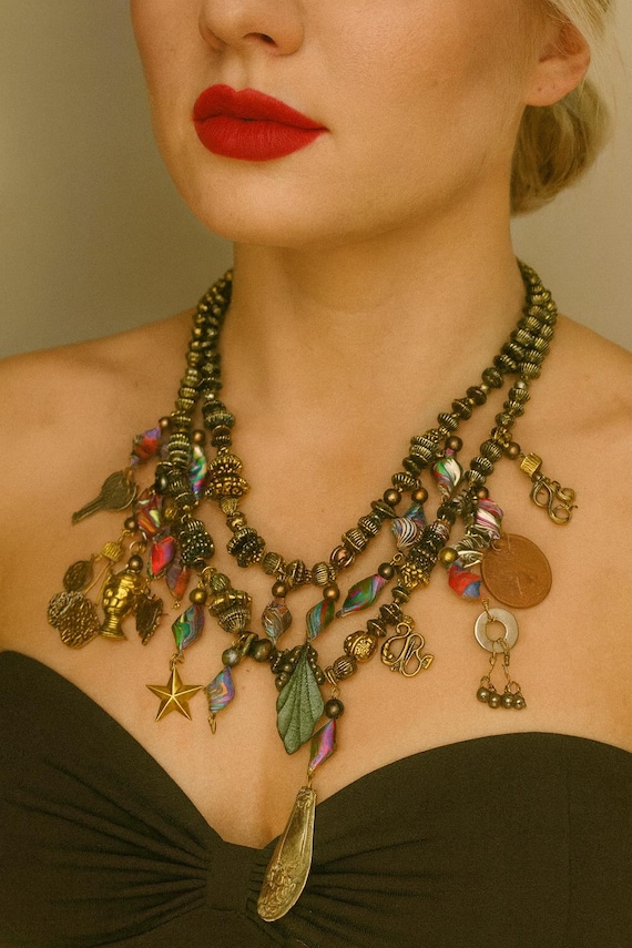 Boho Charm Statement Necklace • Mixed Metal Beads… - image 1