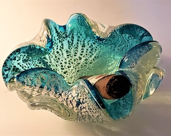 Vintage Scalloped Murano Art Glass Cigar Ashtray Turquoise/ Aqua Italian Trinket Dish