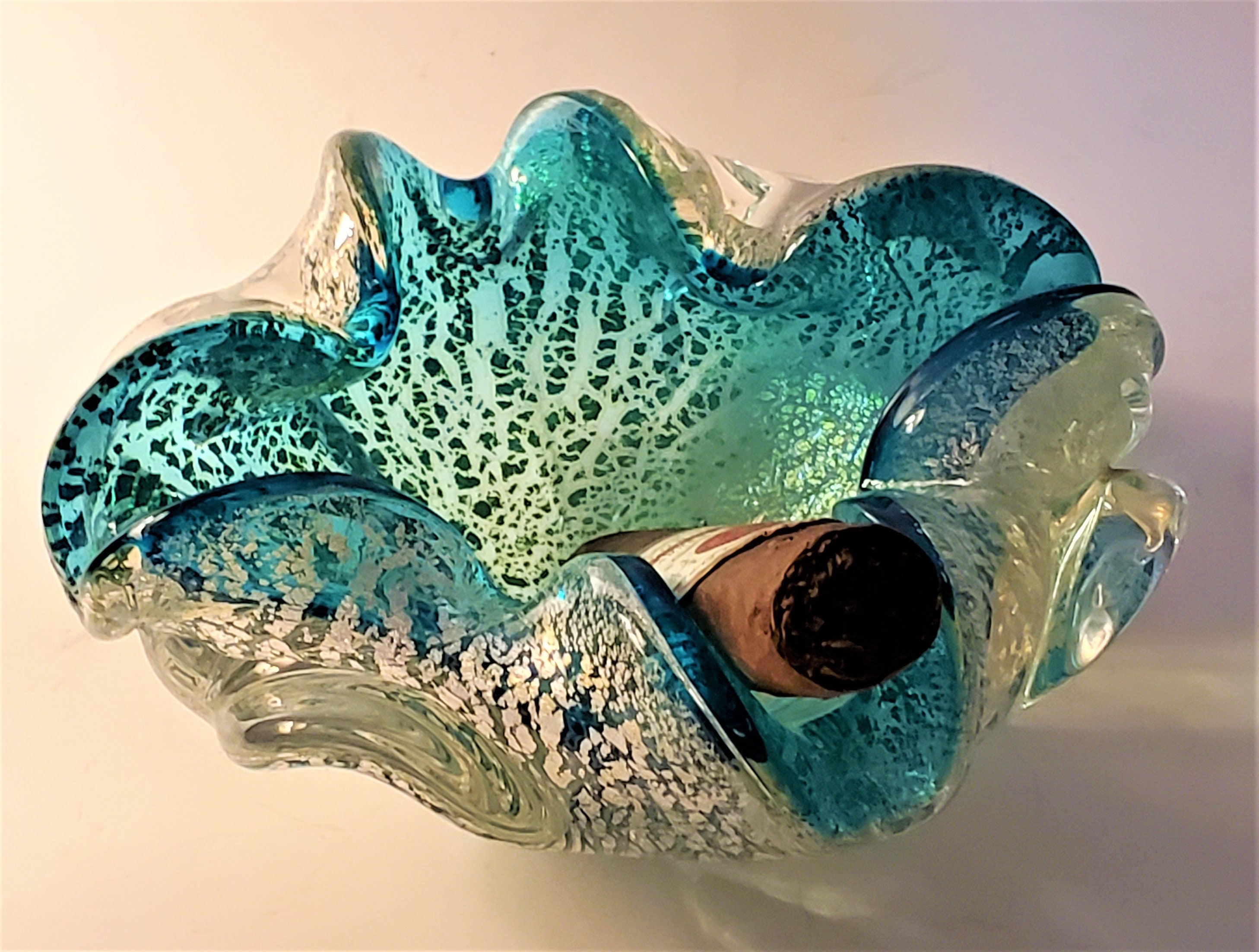 Vintage Scalloped Murano Art Glass Cigar Ashtray Turquoise/ Aqua