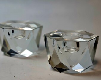 Vintage Multi Faceted Hexagonal Crystal Candlestick Holders 1 Pair