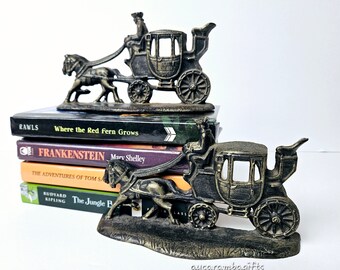 Vintage Bronze Champion Horse and Buggy Geneva Ohio Bookends (Pair) C1931 Antique Bronze Bookends