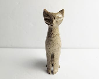 Vintage Hand Carved Soapstone Cat Figurine Tall Minimalist Mid Century Modern Stone Kitty Statue Boho Chic Shelf Decor Pre-loved  VGF